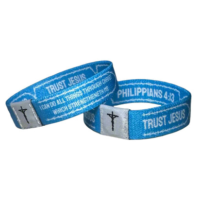 BlueChristian Daily Bible Verse Wristbands with Philippians 4:13 on it.