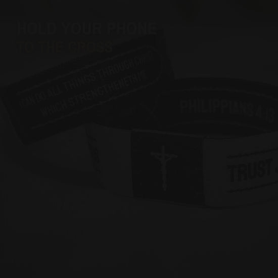 How it works: a phone glides onto the cross patch of a Trust Jesus wristband, a notification appears and today's Bible verse opens