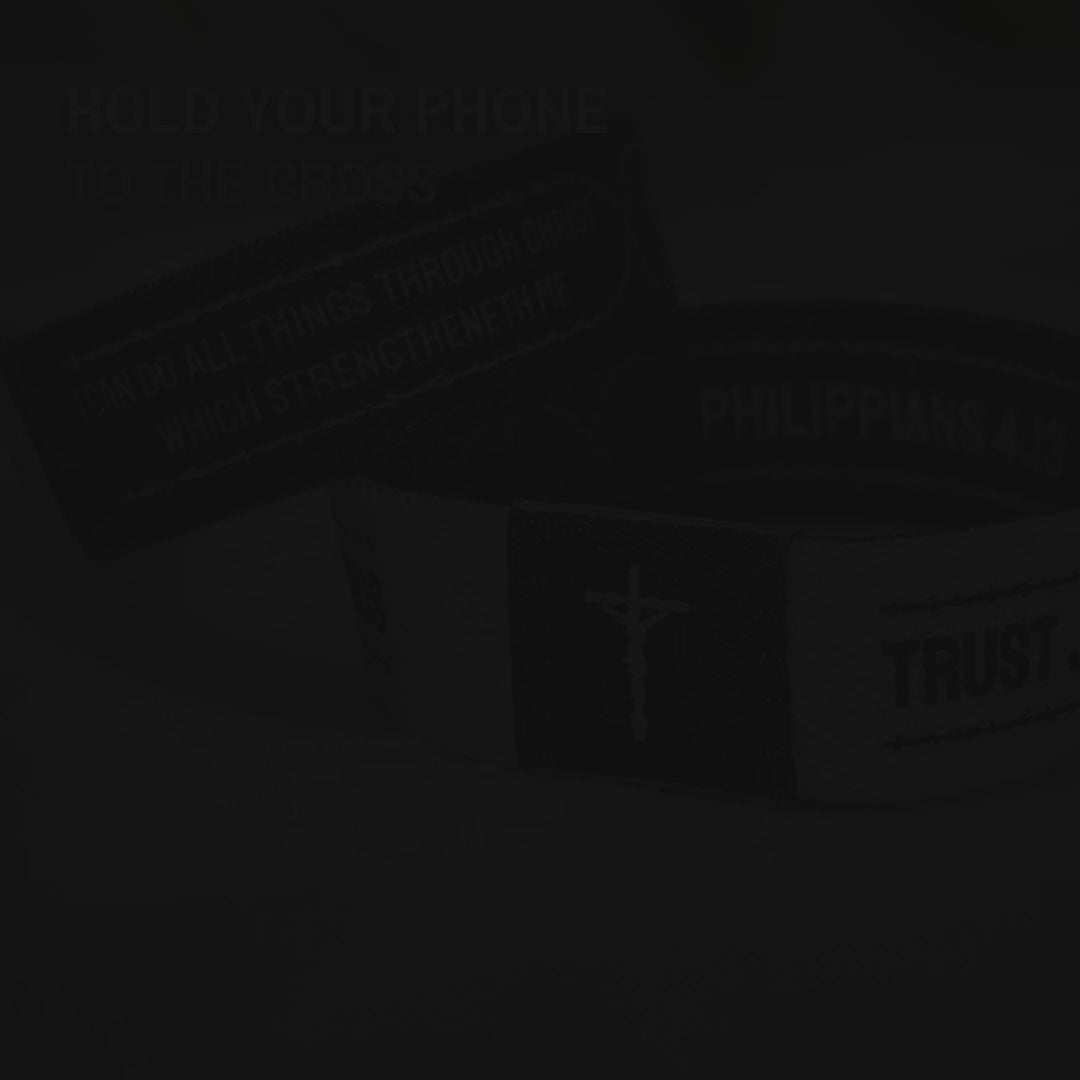 How it works: a phone glides onto the cross patch of a Trust Jesus wristband, a notification appears and today's Bible verse opens
