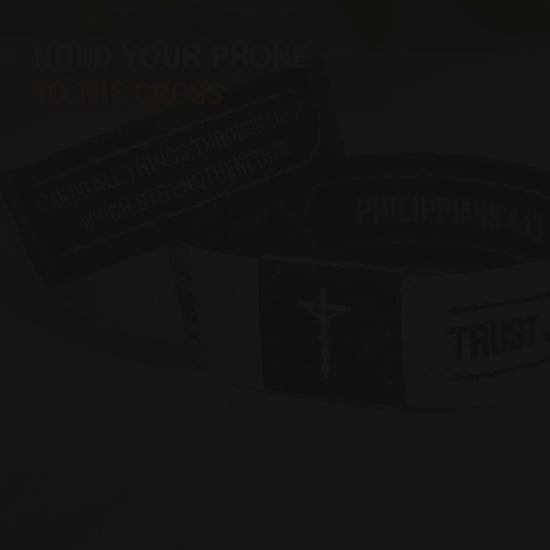 How it works: a phone glides onto the cross patch of a Trust Jesus wristband and today's Bible verse opens