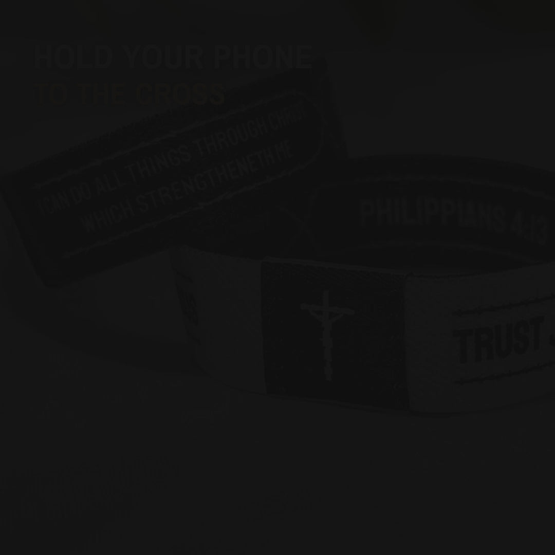 How it works: a phone glides onto the cross patch of a Trust Jesus wristband and today's Bible verse opens