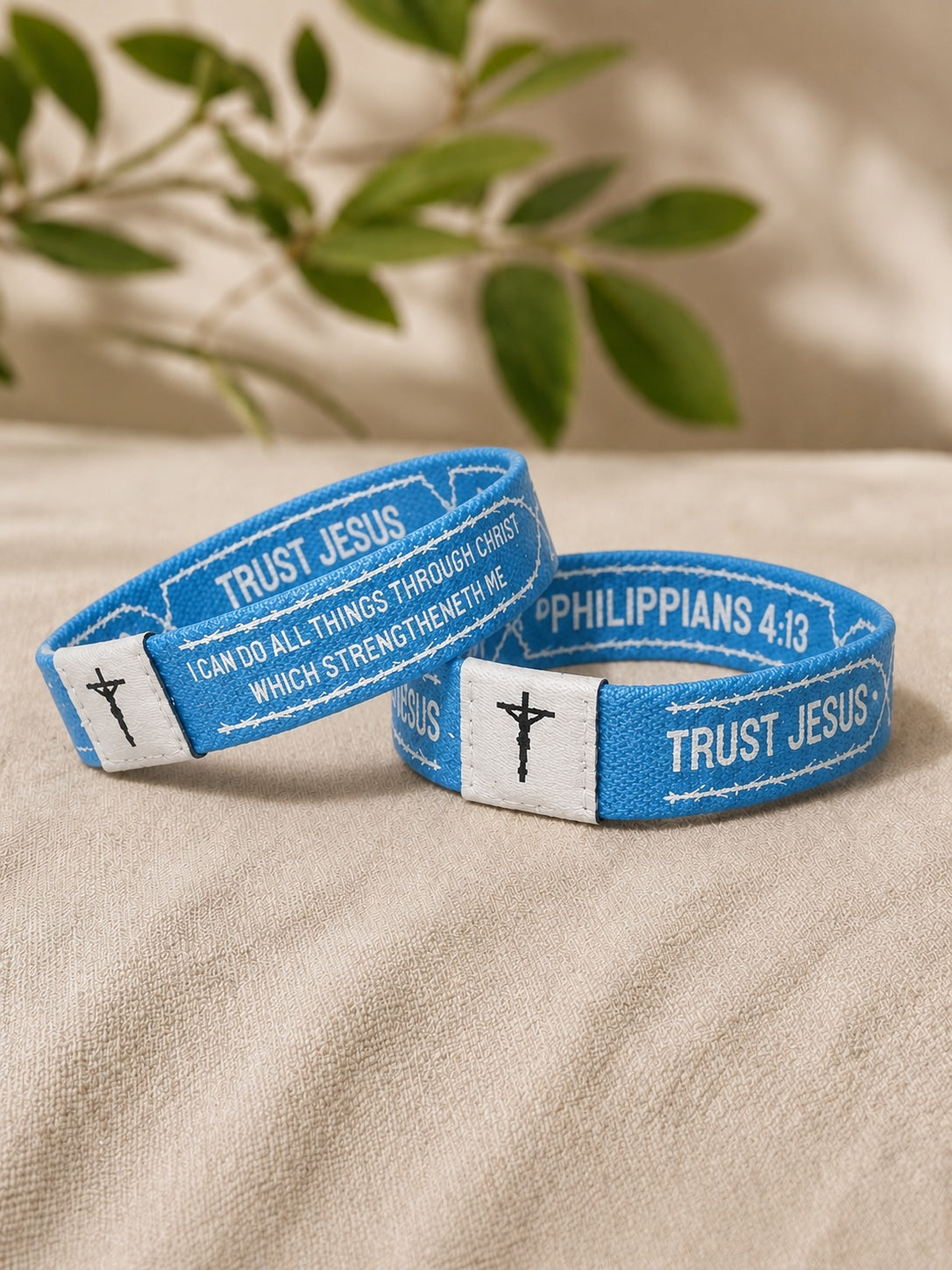 Blue Trust Jesus Christian wristband featuring Philippians 4:13