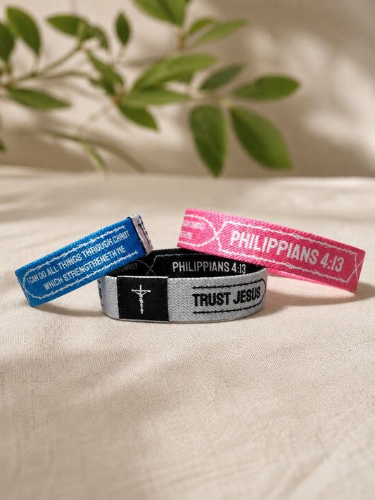 Trust Jesus Christian Bible verse wristbands in blue, white and pink with Philippians 4:13